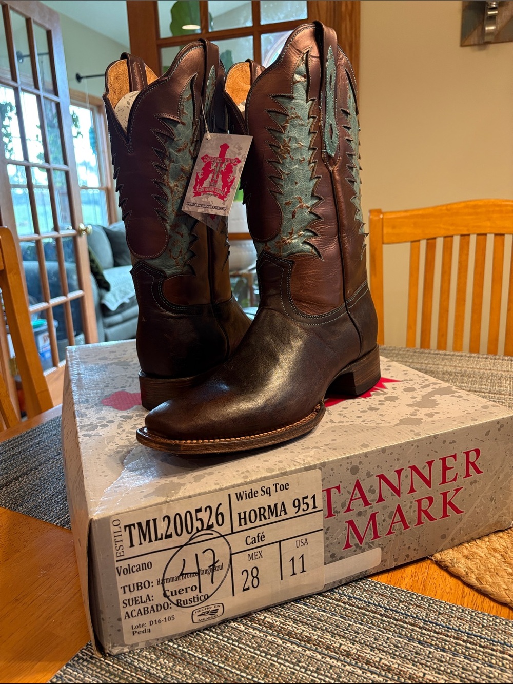 Tanner Mark Cafe Brown Leather Western Boots with Turquoise Stitch